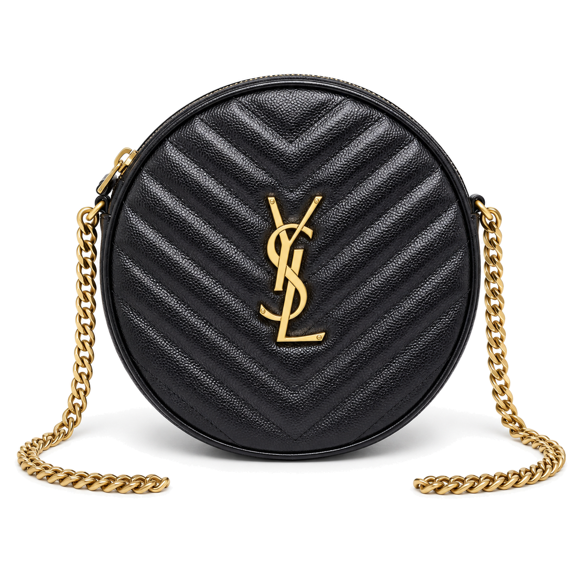 YSL Saint Laurent Vinyle Round Chain Bag Black Matelasse Chevron Leather Gold YSL Monogram Gold Curb Chain Strap
