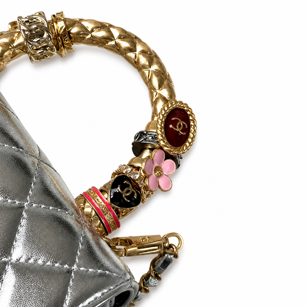 Chanel Silver Quilted Lambskin Mini Flap | Jeweled Gold Handle & Ruby Gemstone — 19cm