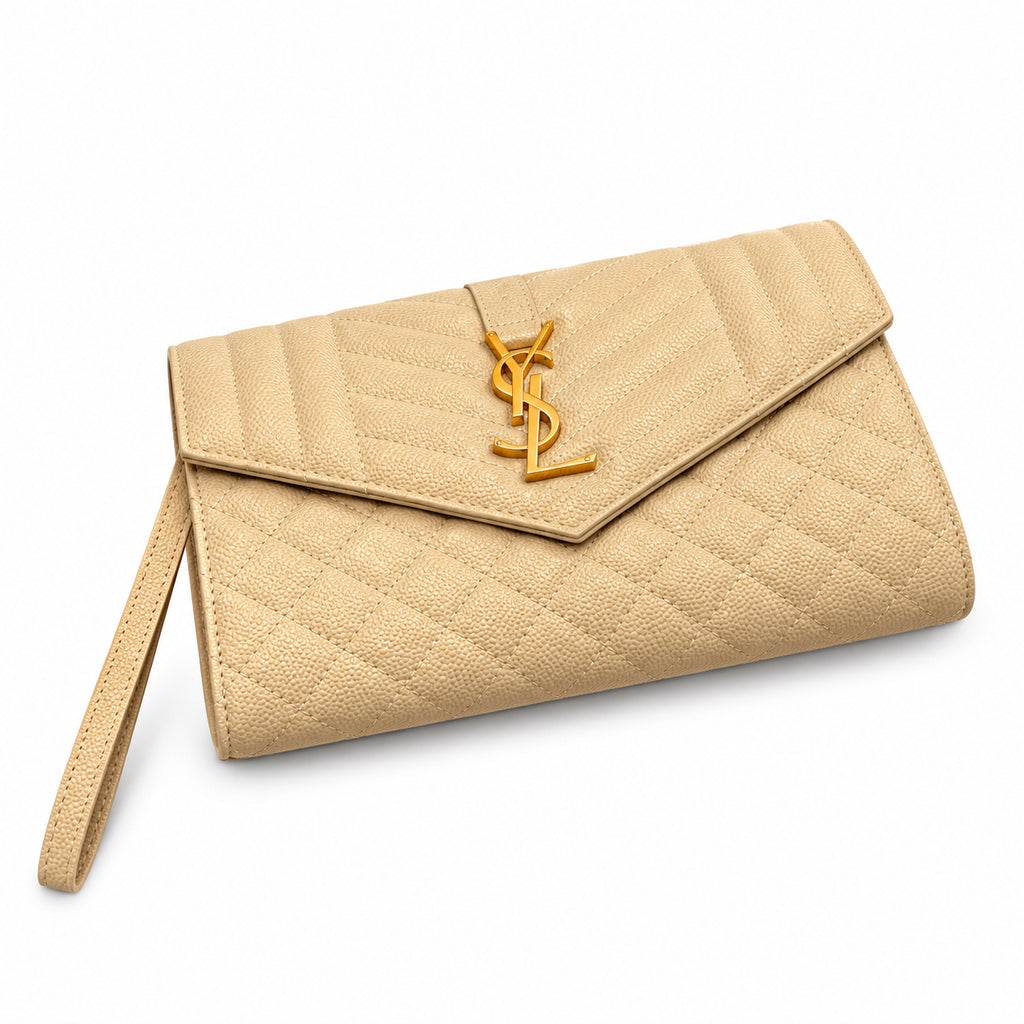 YSL Saint Laurent Envelope Clutch in Beige Quilted Leather