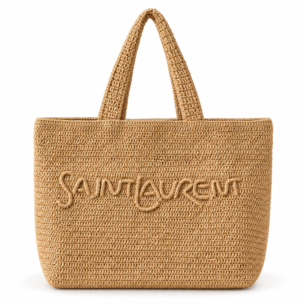 YSL Saint Laurent Raffia Tote Bag Natural Beige Hand-Crocheted Saint Laurent Logo Embroidery