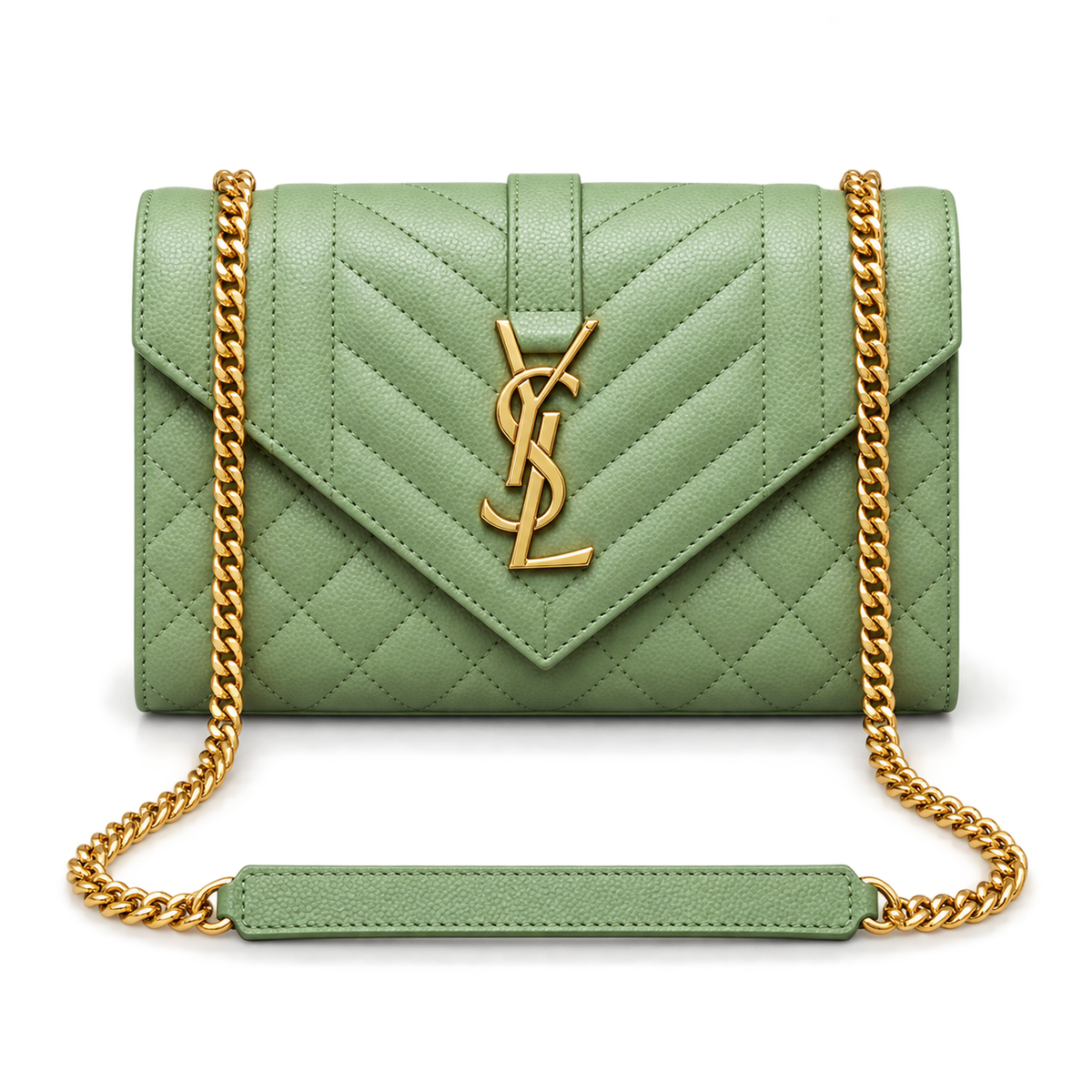 Saint Laurent YSL Envelope Bag in Sage Mint Green Mix-Matelasse Quilted Grained Leather with Shiny Gold YSL Monogram Mixed Chevron Quilting and Gold Curb Chain Strap
