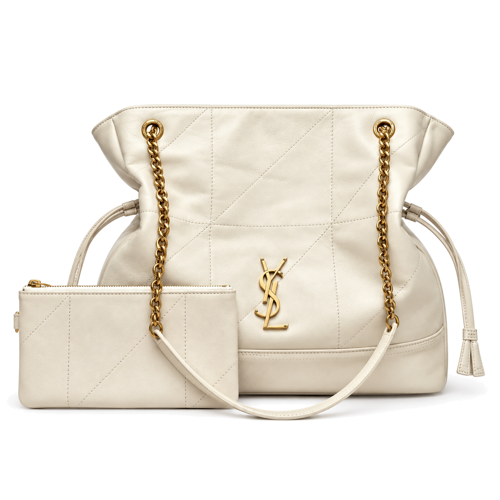 YSL Saint Laurent Jamie Tote Bag in ivory cream quilted leather with matching mini zip pouch and gold chain straps