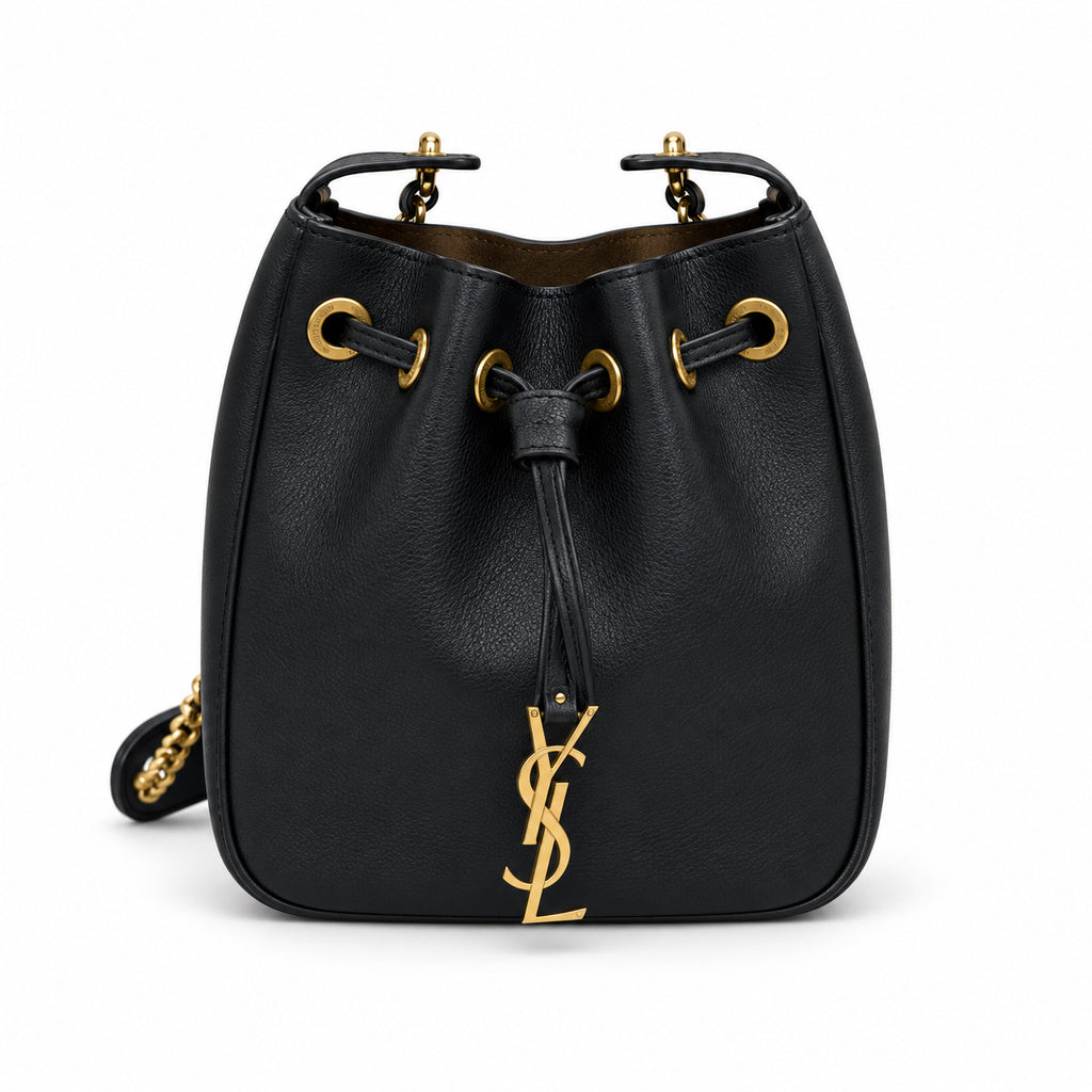 YSL Paris Drawstring Leather Bucket Bag Black