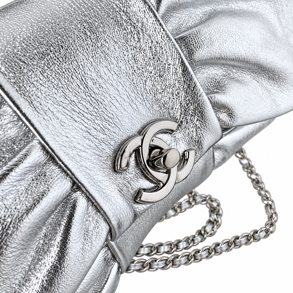 Chanel Bow Bag Ruched Metallic Crinkled Calfskin Silver 22cm