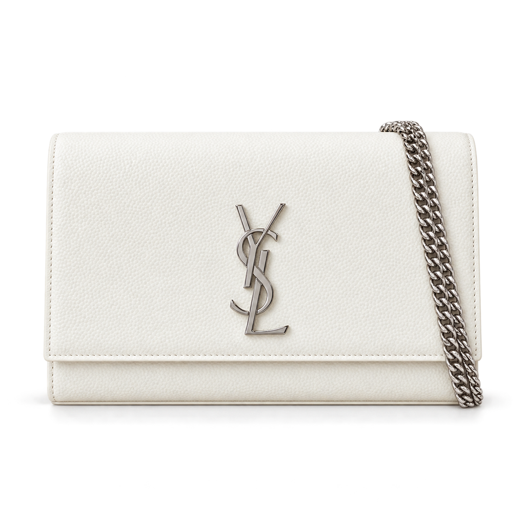 Saint Laurent YSL Kate Chain Bag in White Smooth Leather with Silver YSL Monogram and Silver Chain Strap