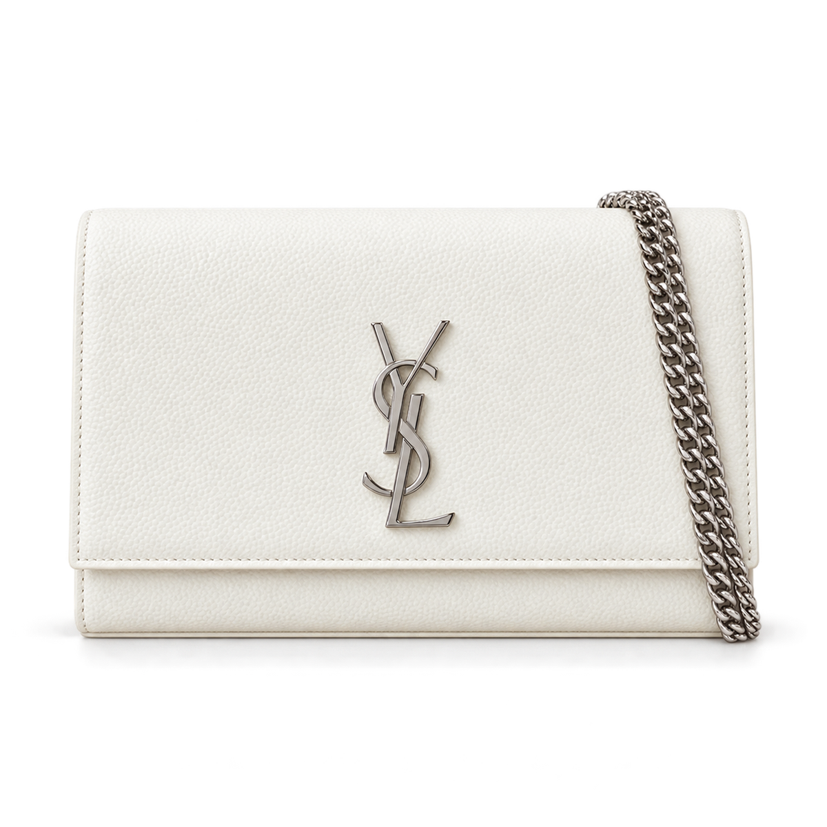 Saint Laurent YSL Kate Chain Bag in White Smooth Leather with Silver YSL Monogram and Silver Chain Strap