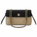Chanel Two-Tone Drawstring Flap Black Caviar & Taupe Suede | Gold CC Turn-Lock — 29cm