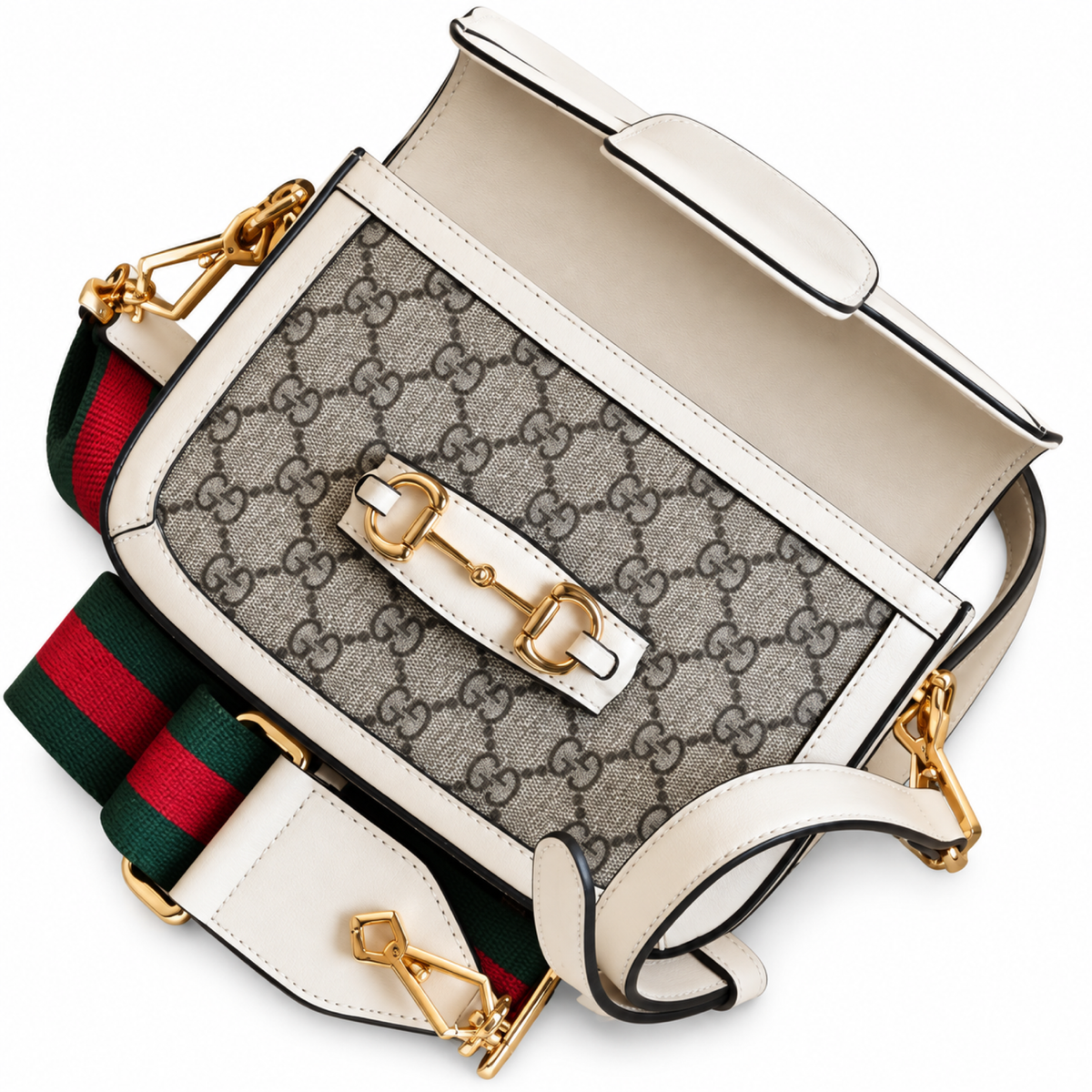 Gucci Horsebit 1955 Mini Bag in GG Supreme Canvas with White Leather Trim