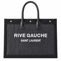 Saint Laurent Rive Gauche Large Tote Bag in Black Striped Canvas with Smooth Black Leather Trim Bold Logo Embroidery and Silver Stud Details