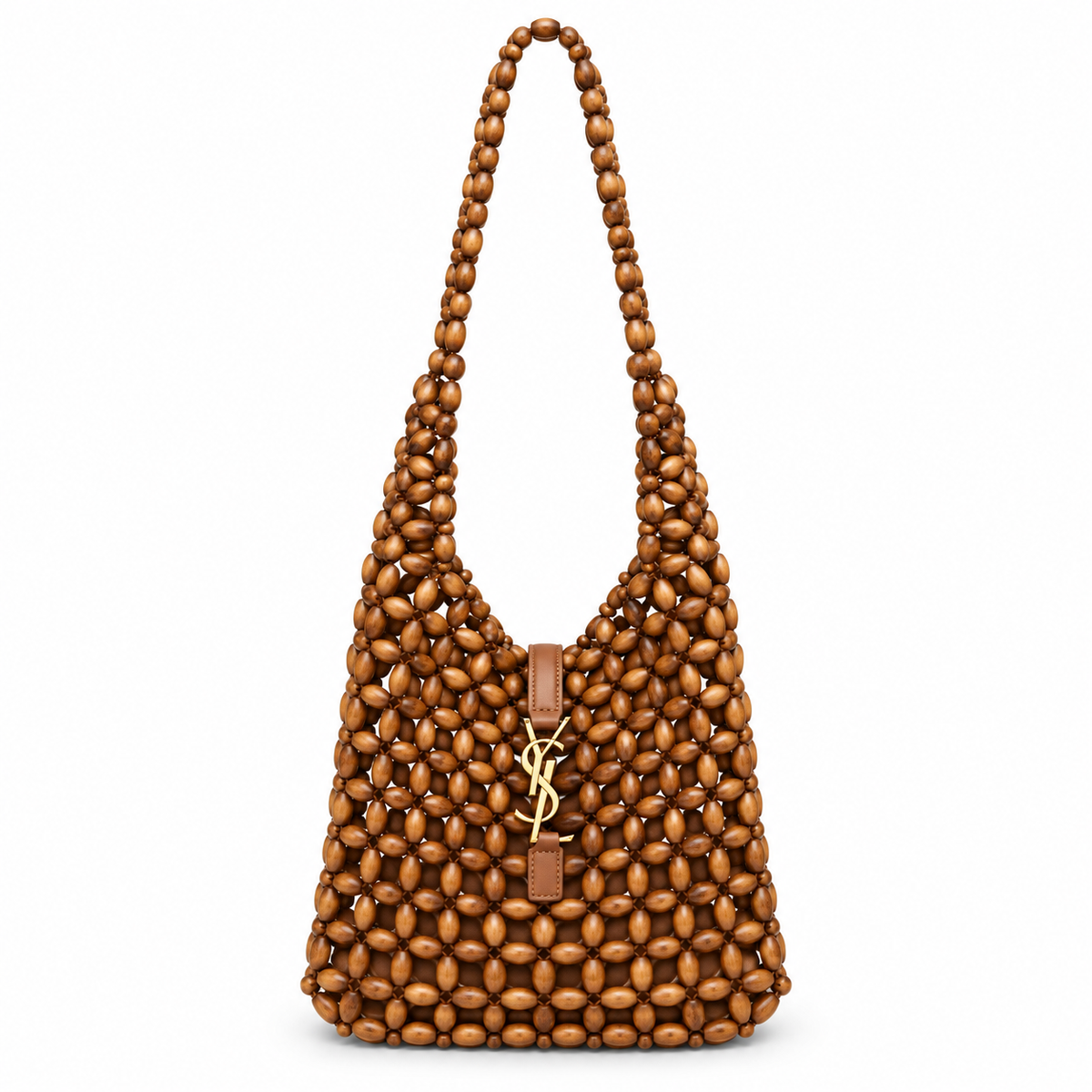 YSL Cassandre Beaded Wood Hobo Shoulder Bag Tan