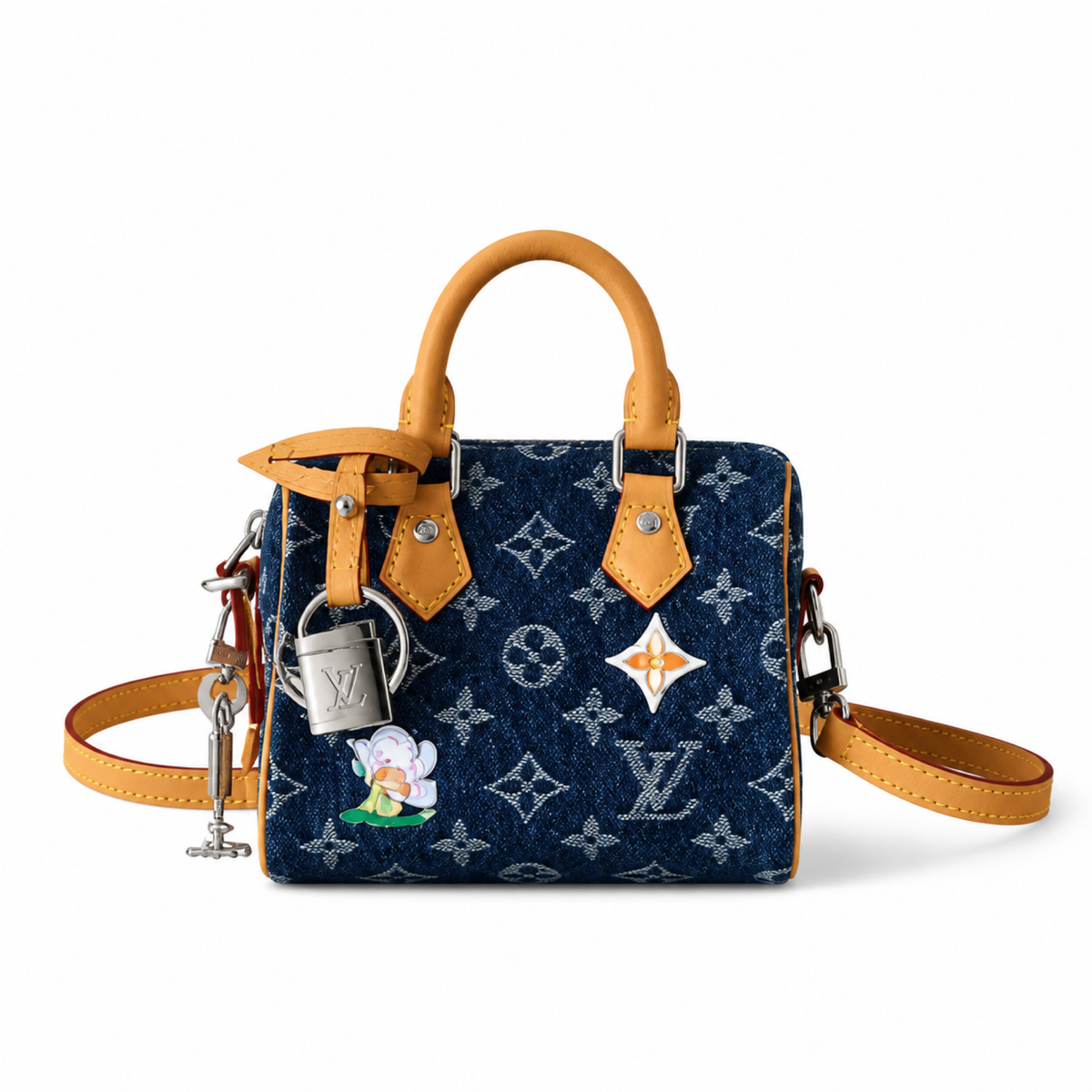 Louis Vuitton Speedy Bandouliere 20 Indigo Monogram Denim Bag with Cartoon Patches and LV Padlock