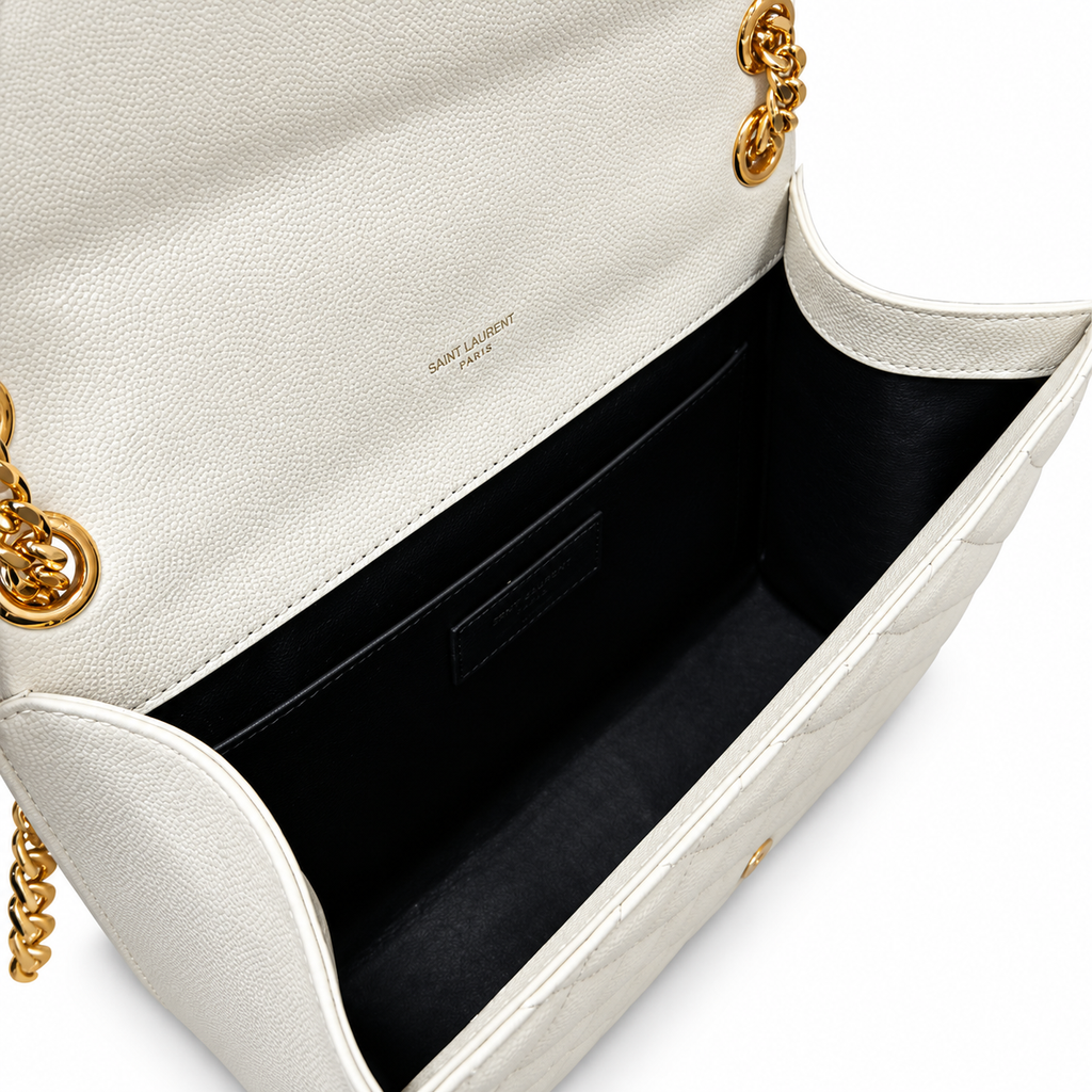 YSL College Quilted Caviar Leather Shoulder Bag White