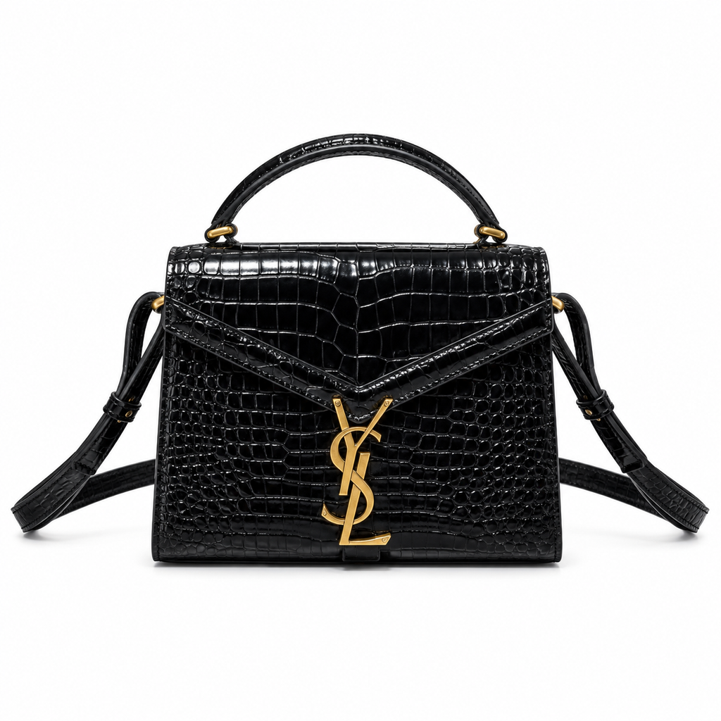 Saint Laurent Cassandra Medium – Black Croc-Embossed