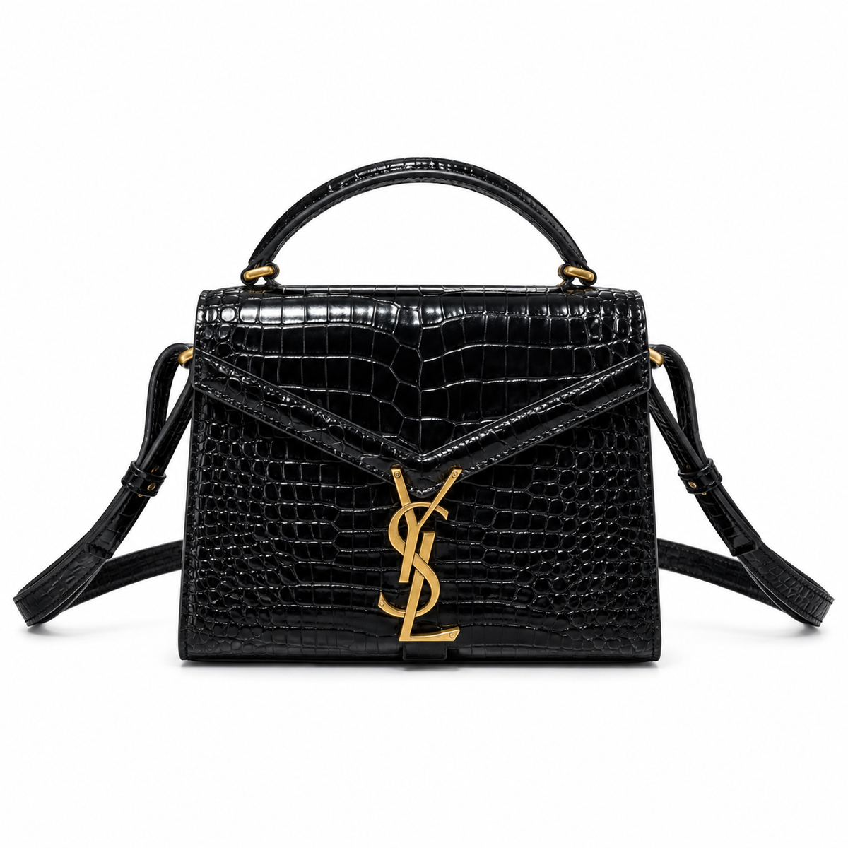 Saint Laurent Cassandra Medium – Black Croc-Embossed