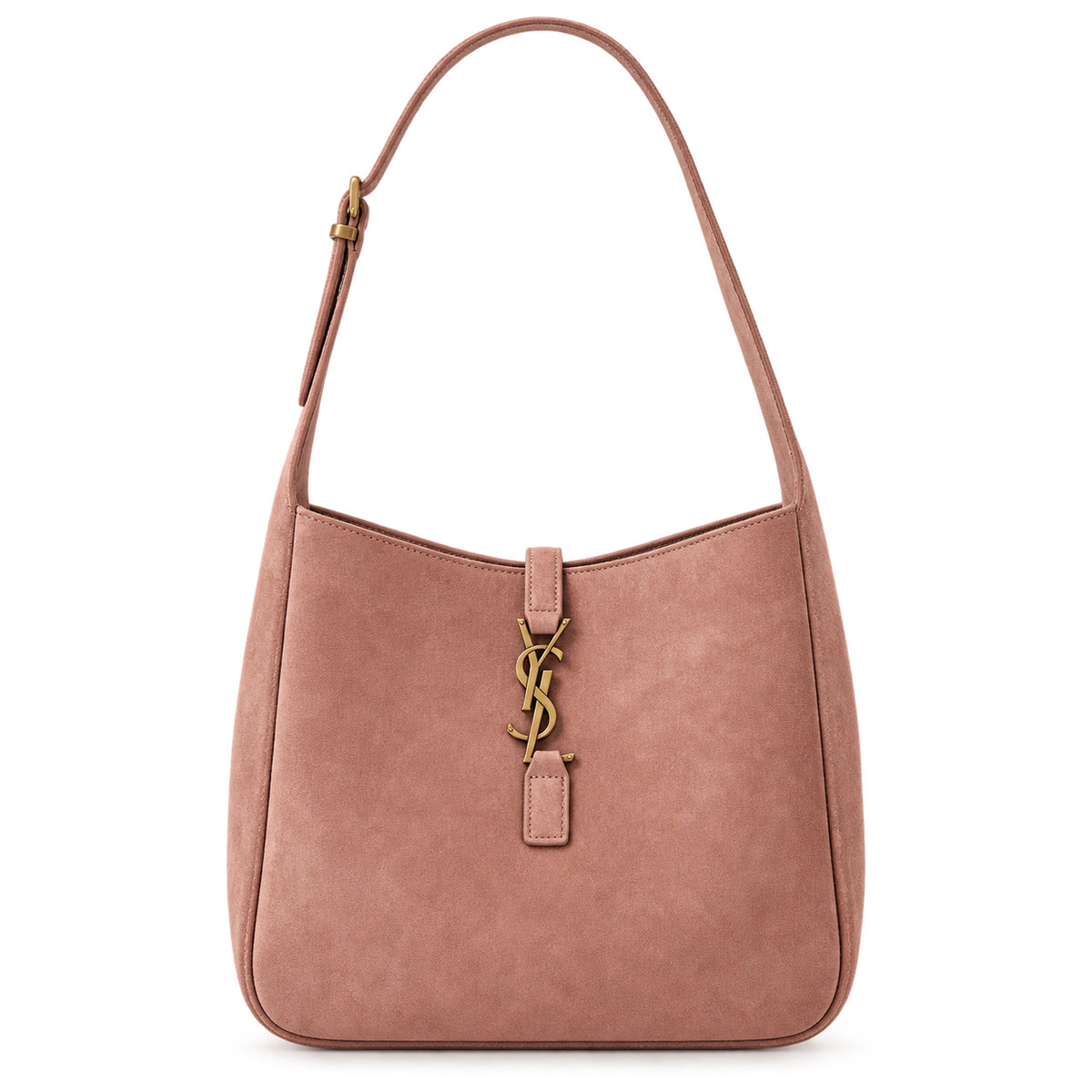 Saint Laurent YSL Le 5 à 7 Hobo Bag in Dusty Rose Blush Pink Suede with Aged Bronze YSL Toggle Closure and Adjustable Leather Shoulder Strap