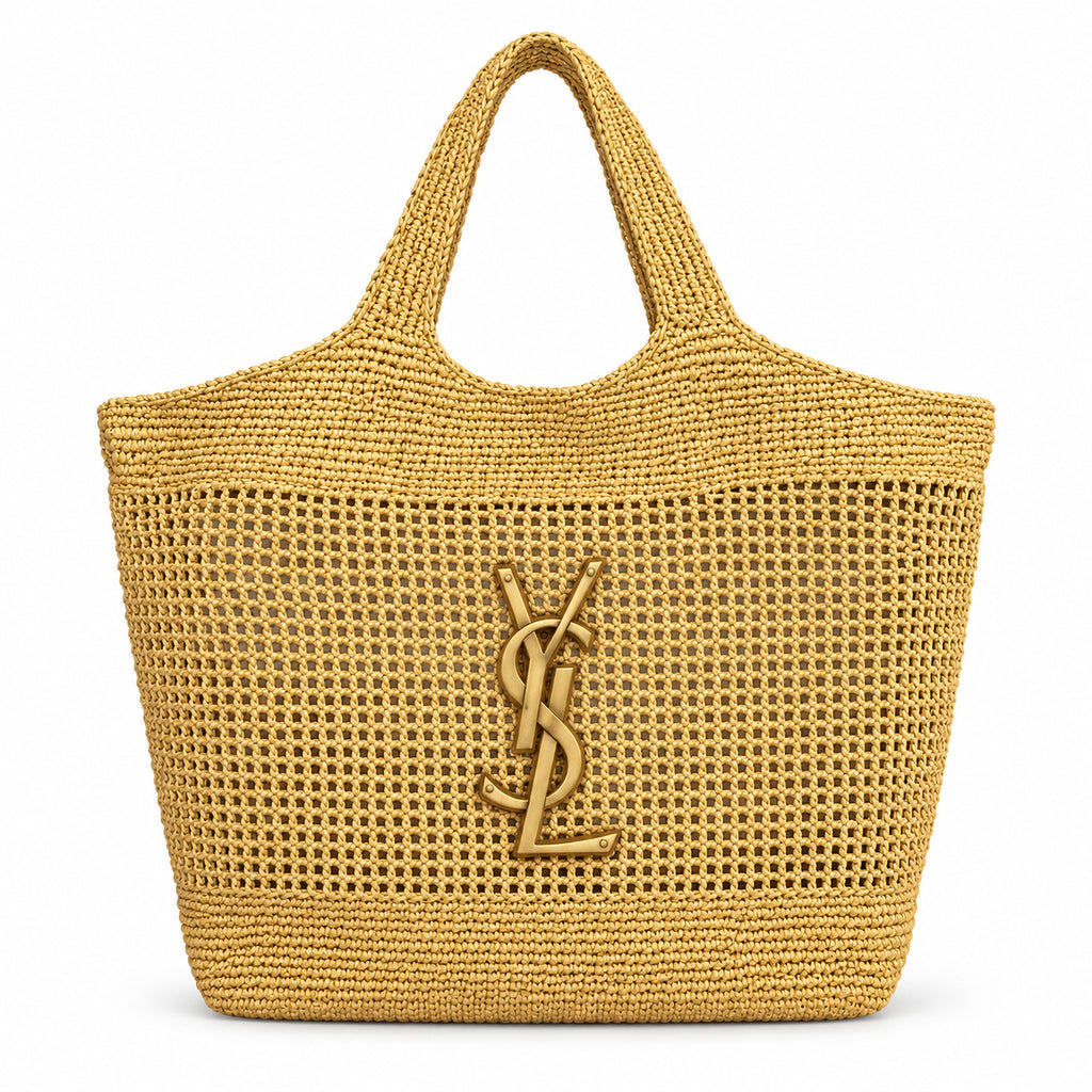 YSL Saint Laurent Icare Maxi Tote Bag Yellow Raffia Open Weave Gold YSL Monogram Hardware