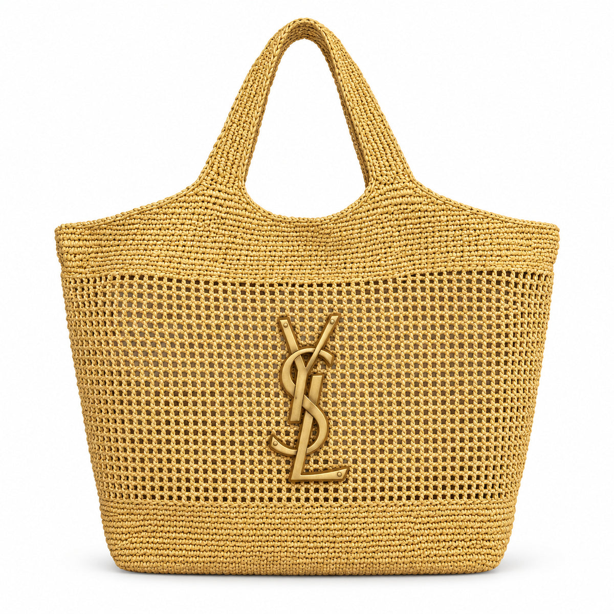 YSL Saint Laurent Icare Maxi Tote Bag Yellow Raffia Open Weave Gold YSL Monogram Hardware