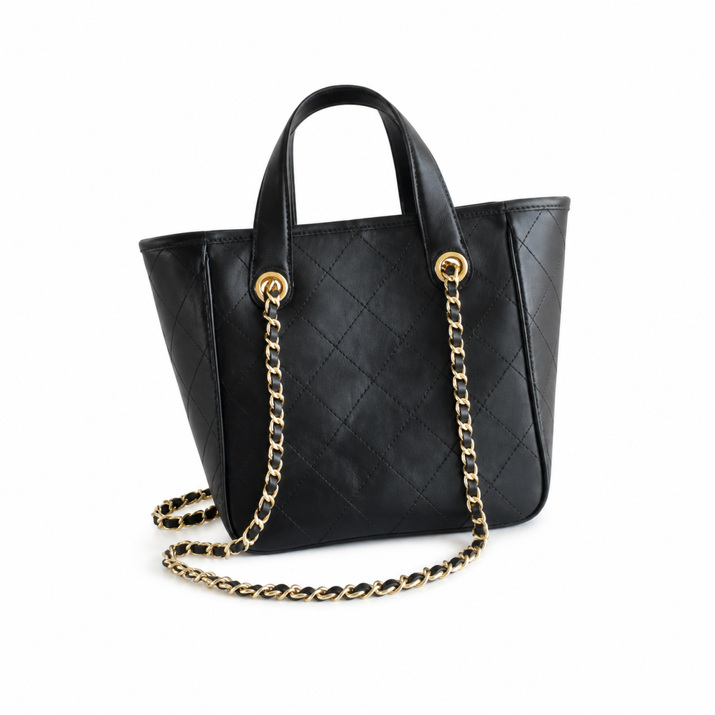 Chanel Small Shopping Tote Black Quilted Lambskin | Oversized Embossed CC & Gold Chain — 21cm