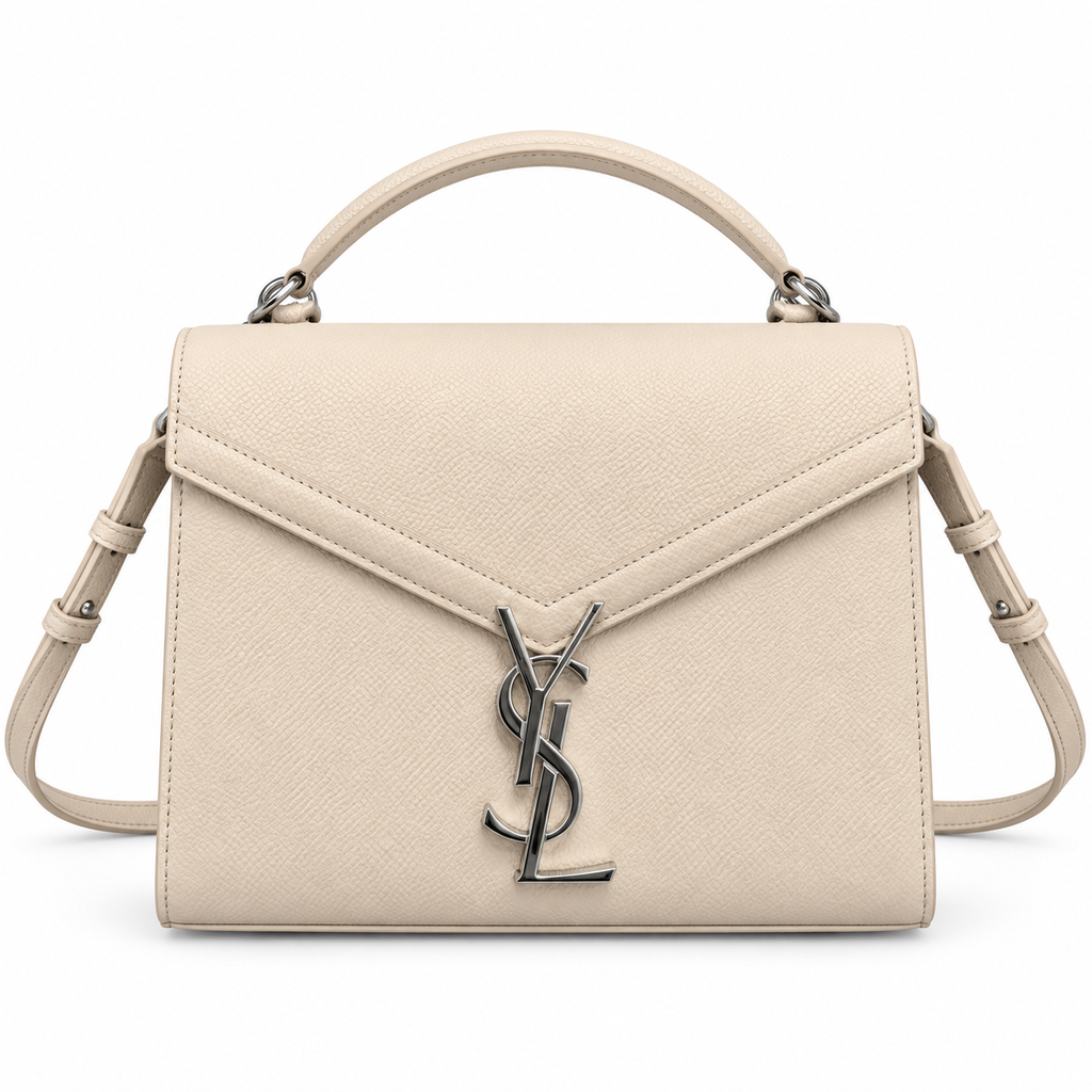 Saint Laurent Cassandra Medium cream grained leather top handle bag with silver YSL monogram charm and adjustable crossbody strap