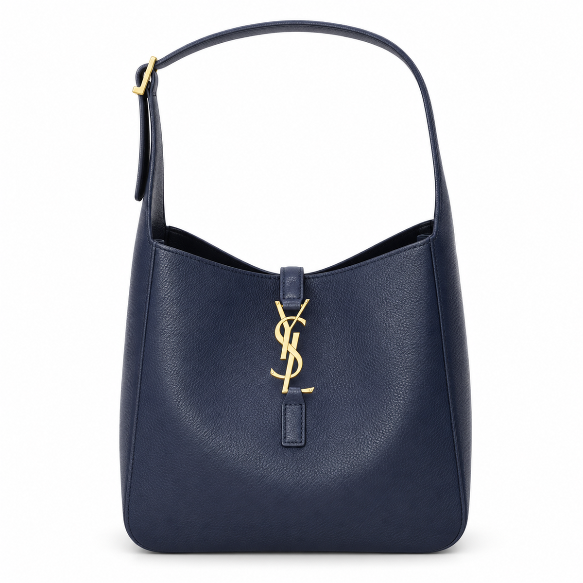 Saint Laurent YSL Le 5 à 7 Hobo Bag in Navy Midnight Blue Grained Leather with Shiny Gold YSL Toggle Closure and Adjustable Leather Shoulder Strap