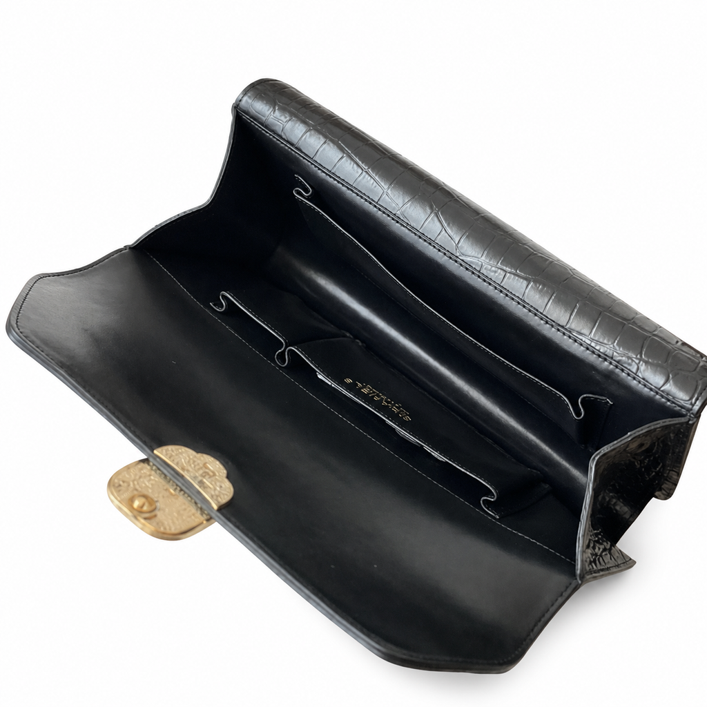 Chanel Black Croc-Embossed Evening Clutch | Jeweled Scarab CC — Blue Lapis & Red Enamel — 30cm