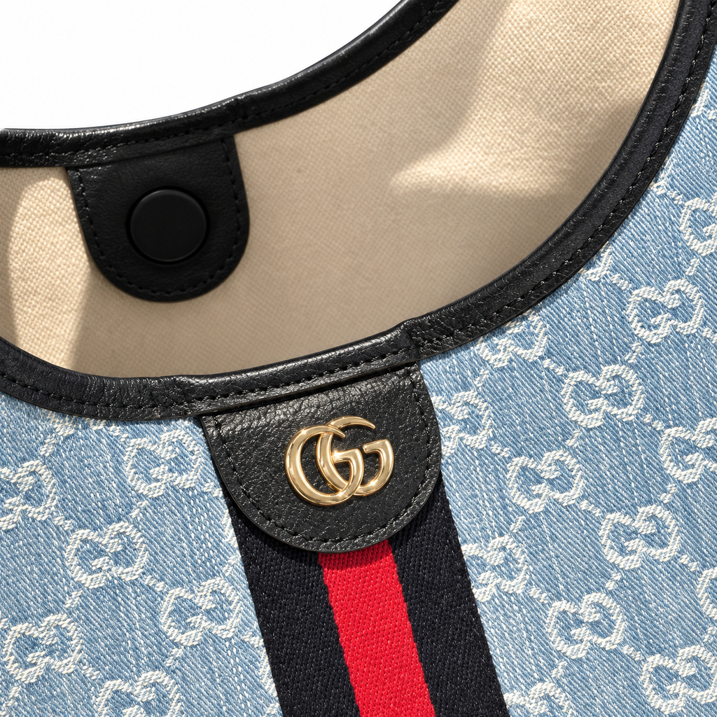 Gucci GG Denim Web Stripe Round Handle Tote