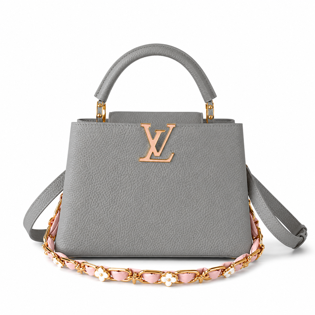 Louis Vuitton Capucines Mini Grey Taurillon Leather Bag with Pink Floral Chain Strap