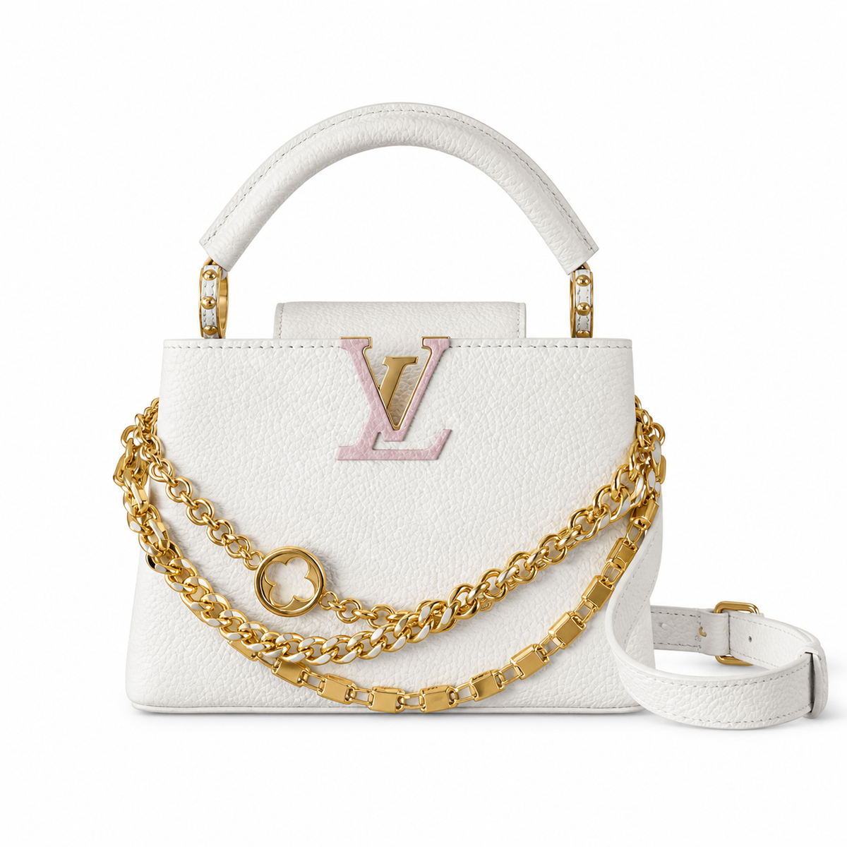 Louis Vuitton Capucines Mini White Leather Handbag with Double Gold Chain