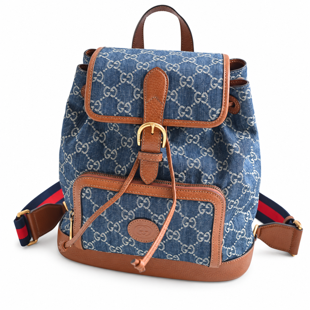 Gucci GG Denim Canvas Small Backpack with Brown Leather Trim