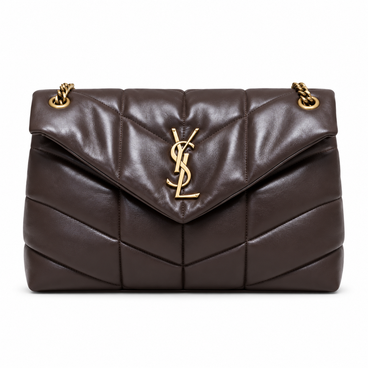 Saint Laurent Loulou Puffer small shoulder bag in dark brown quilted lambskin with gold YSL monogram