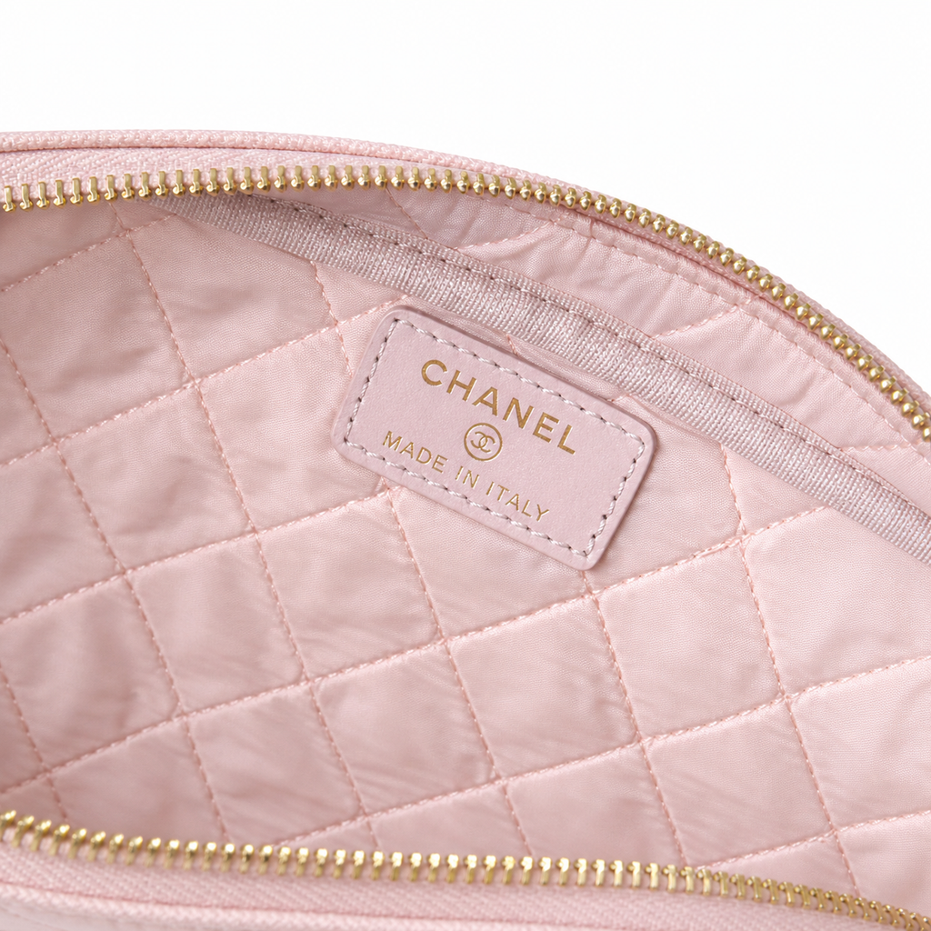 Chanel CC Quilted Cosmetic Pouch | Blush Pink & Silver Chain — 18cm