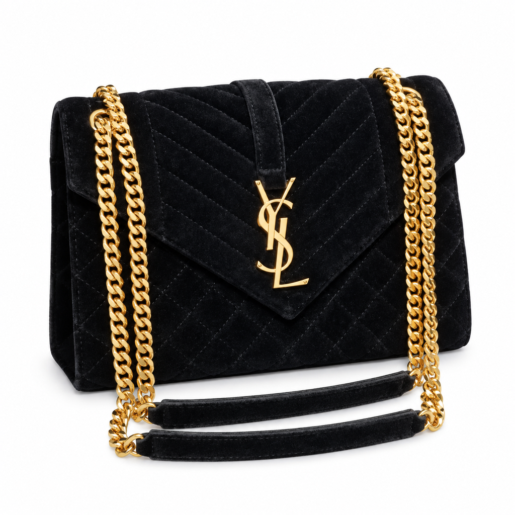 Saint Laurent YSL Envelope Medium – Black Velvet Gold