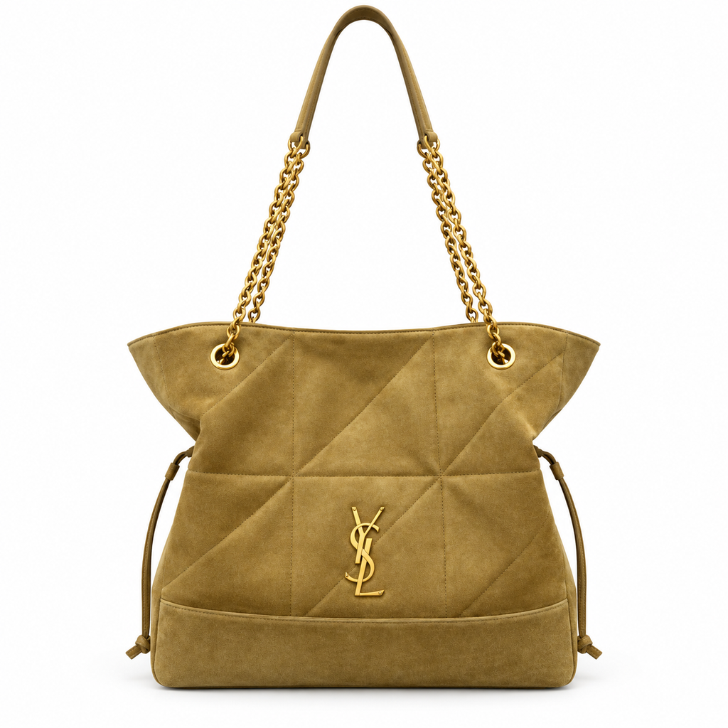 YSL Saint Laurent Bougeoir Drawstring Tote in Sand Quilted Suede