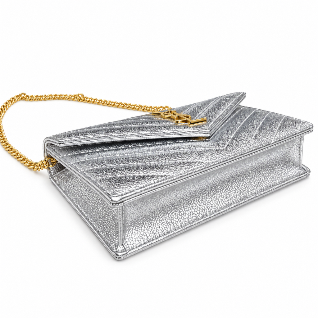 YSL Saint Laurent Envelope Chain Wallet in Silver Matelassé Leather