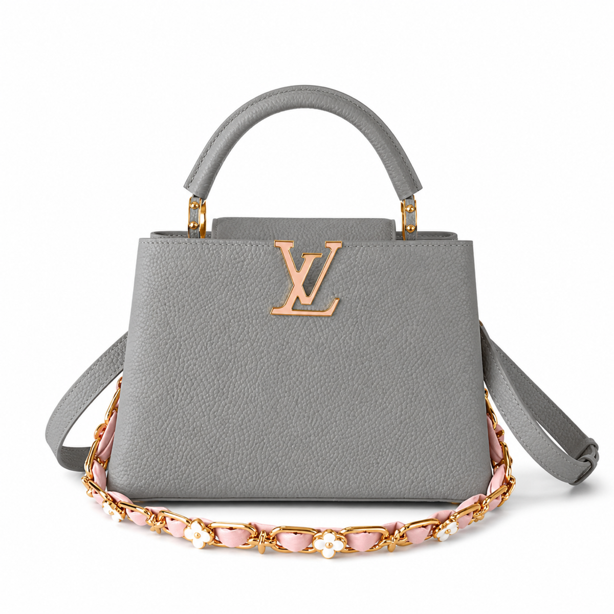 Louis Vuitton Capucines Mini Grey Taurillon Leather Bag Floral Chain