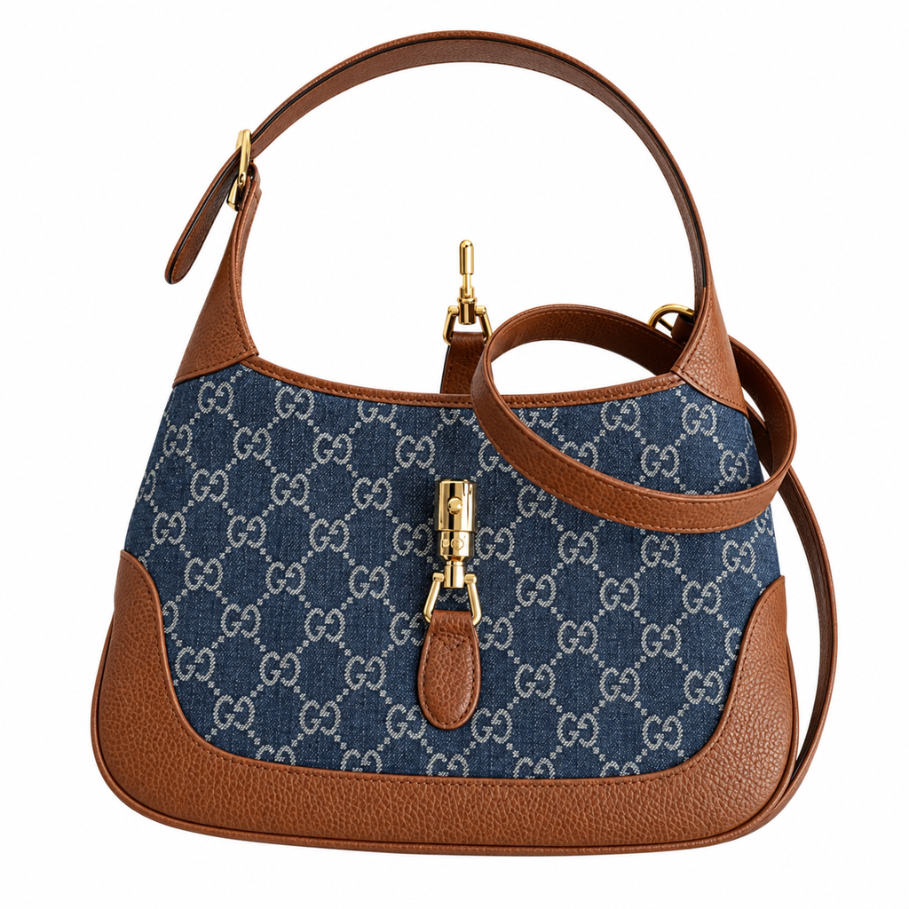 Gucci Jackie 1961 Small Hobo in Blue GG Denim Canvas with Cognac Trim