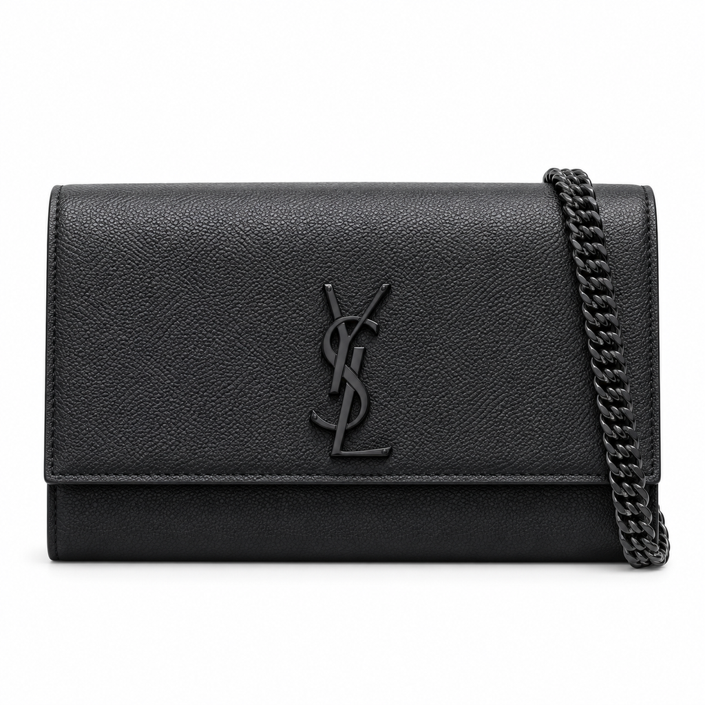 Saint Laurent YSL Kate medium chain crossbody bag in all-black grained calfskin leather with tonal matte black YSL monogram and black curb chain strap triple black
