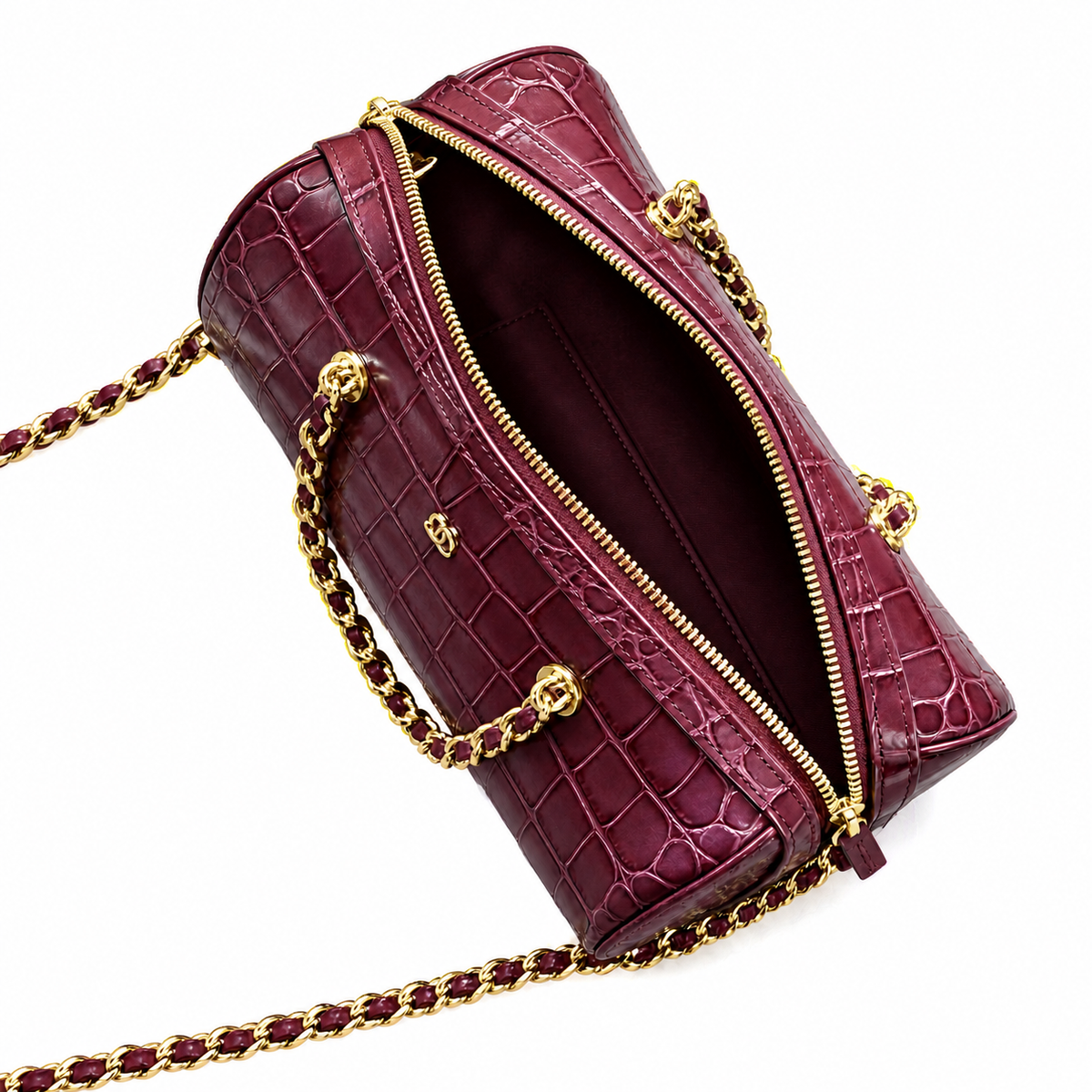 Chanel Deauville Croc-Embossed Burgundy Chain Bag