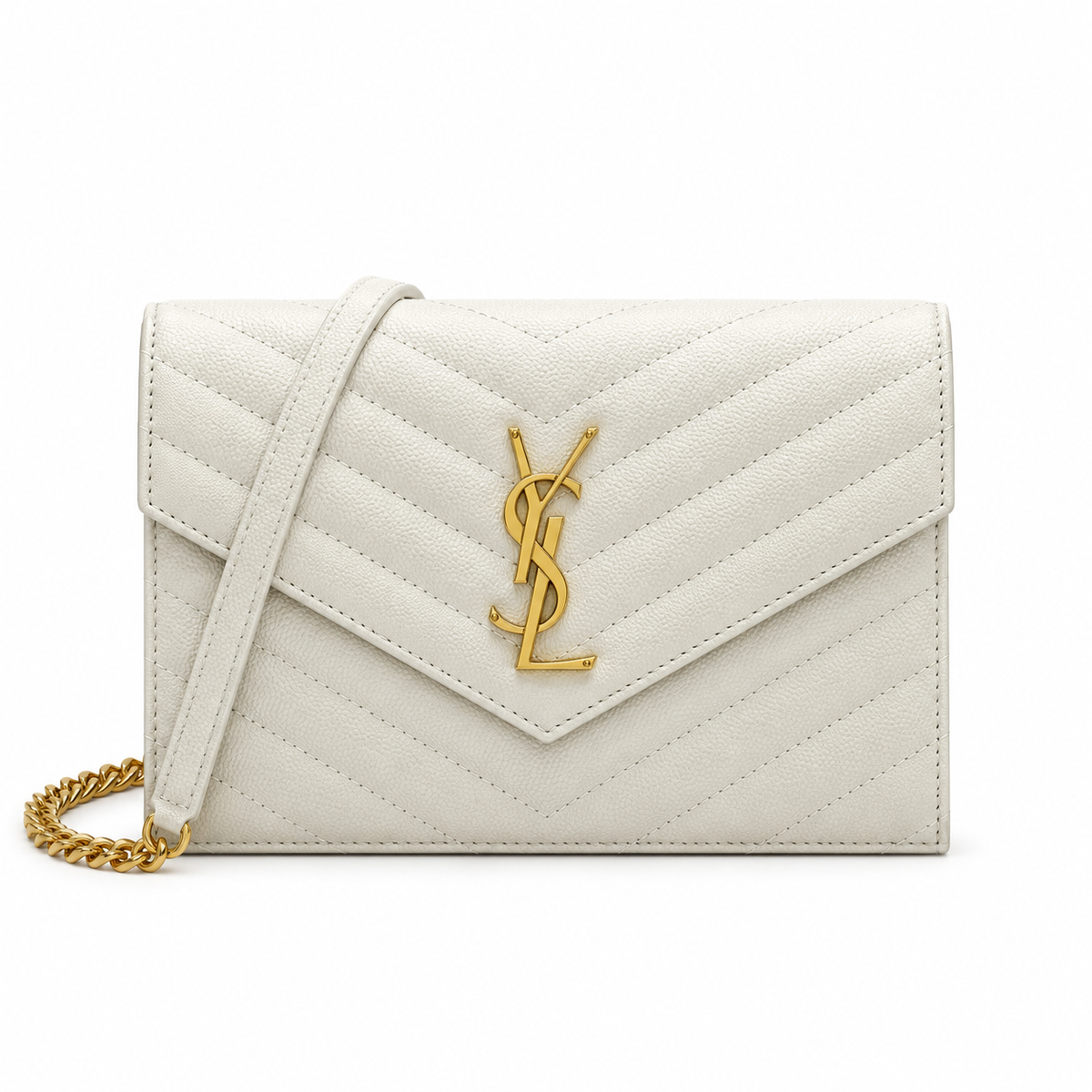 YSL Saint Laurent Envelope Chain Wallet Cream Matelasse Chevron Leather Gold YSL Monogram Gold Chain Strap