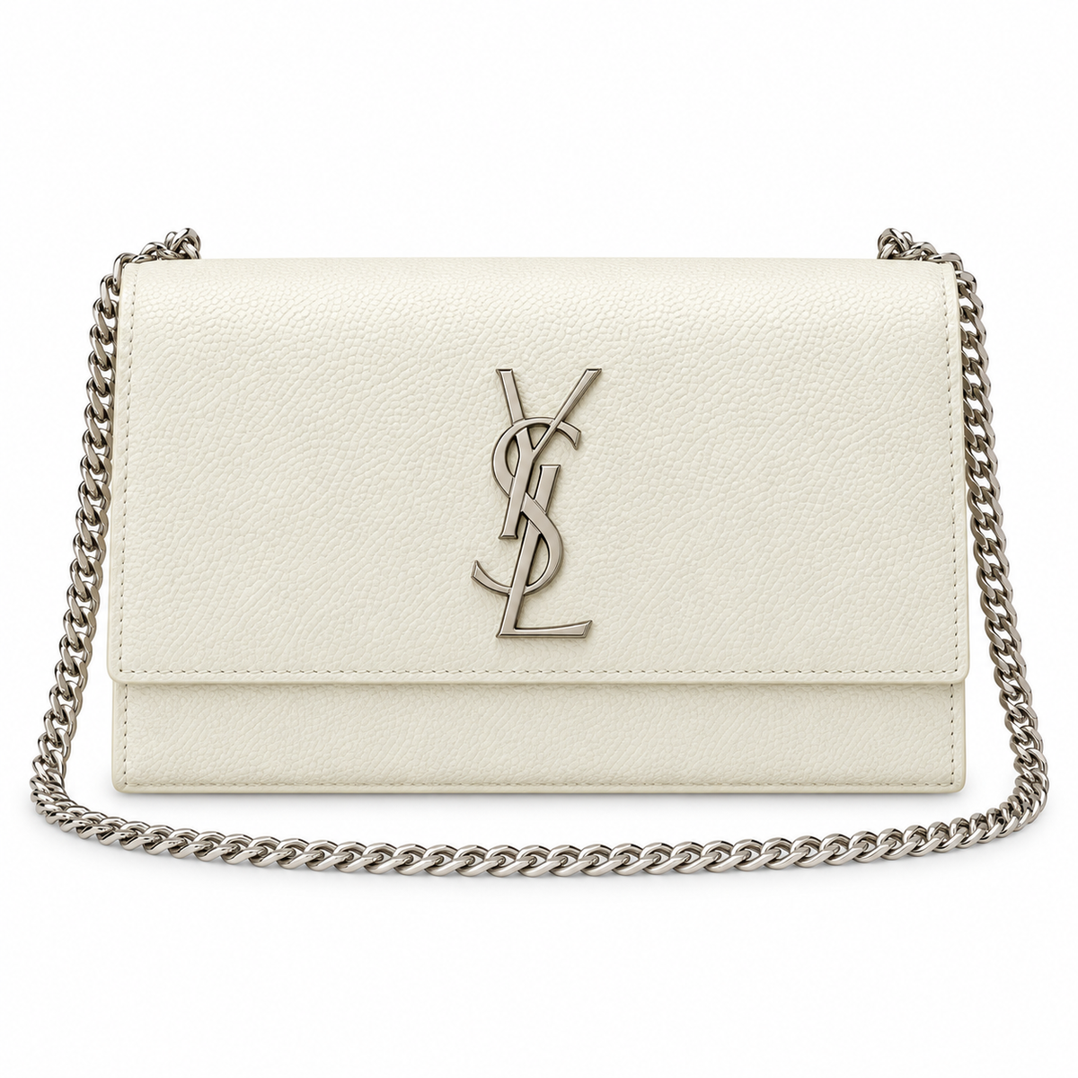 Saint Laurent YSL Kate Chain Bag in Cream Textured Leather with Silver Hardware and Chain Strap