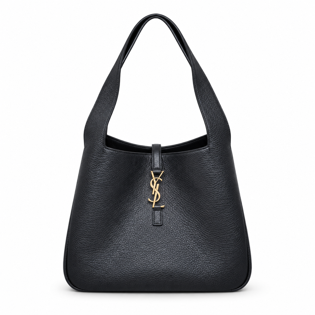 YSL Le 5 à 7 Hobo Bag Black Grained Leather Gold Monogram Saint Laurent