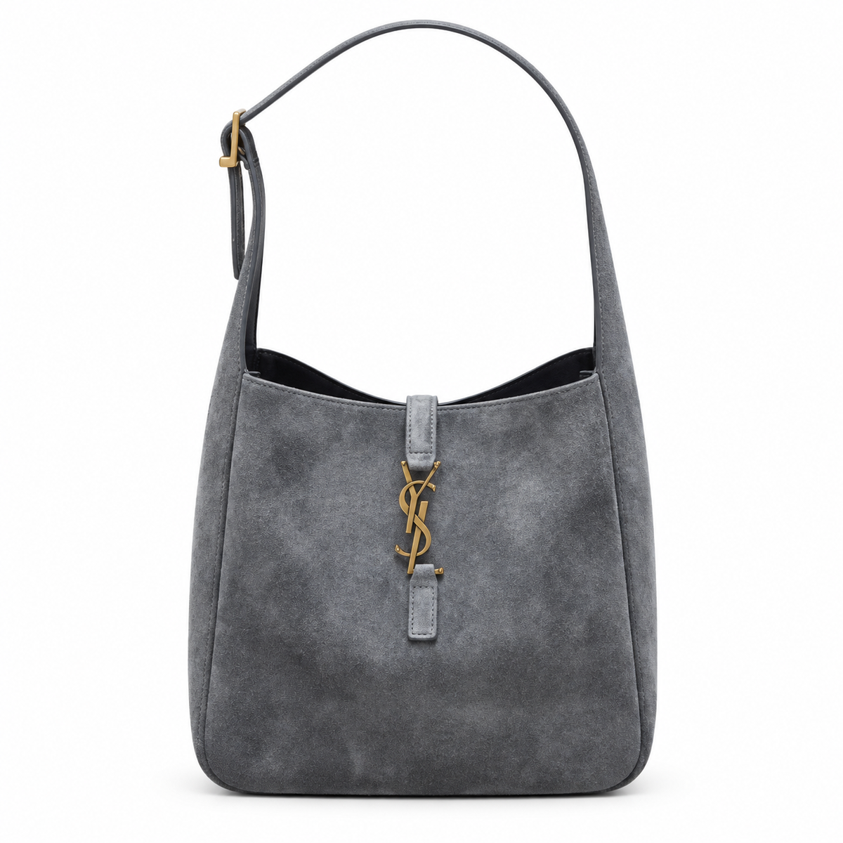 Saint Laurent YSL Le 5 à 7 Hobo Bag in Slate Smoky Grey Blue Suede with Aged Bronze Antique Gold YSL Toggle Closure and Adjustable Leather Shoulder Strap