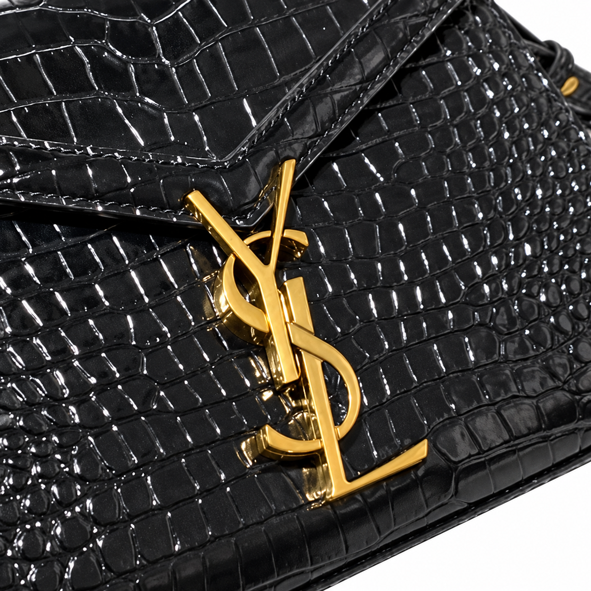 Saint Laurent Cassandra Medium – Black Croc-Embossed