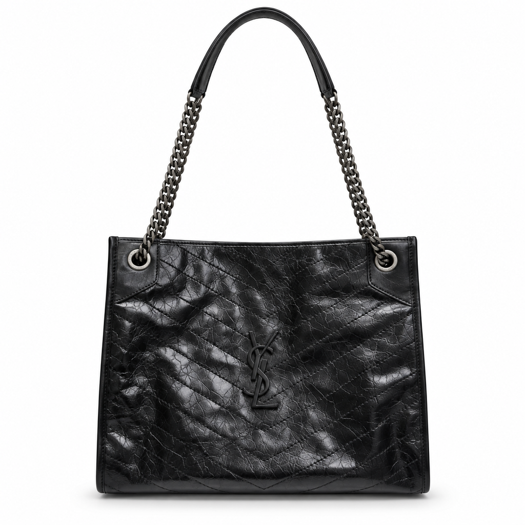 YSL Saint Laurent Niki Shopping Tote in black crinkled vintage leather with tonal black YSL monogram and gunmetal chain straps