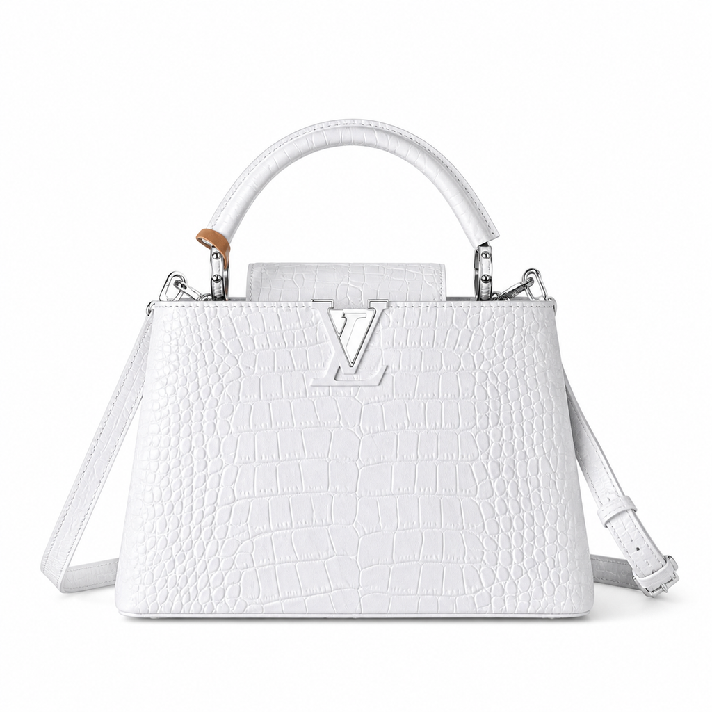Louis Vuitton Capucines BB White Crocodile Embossed Leather with Silver LV Clasp and Crossbody Strap