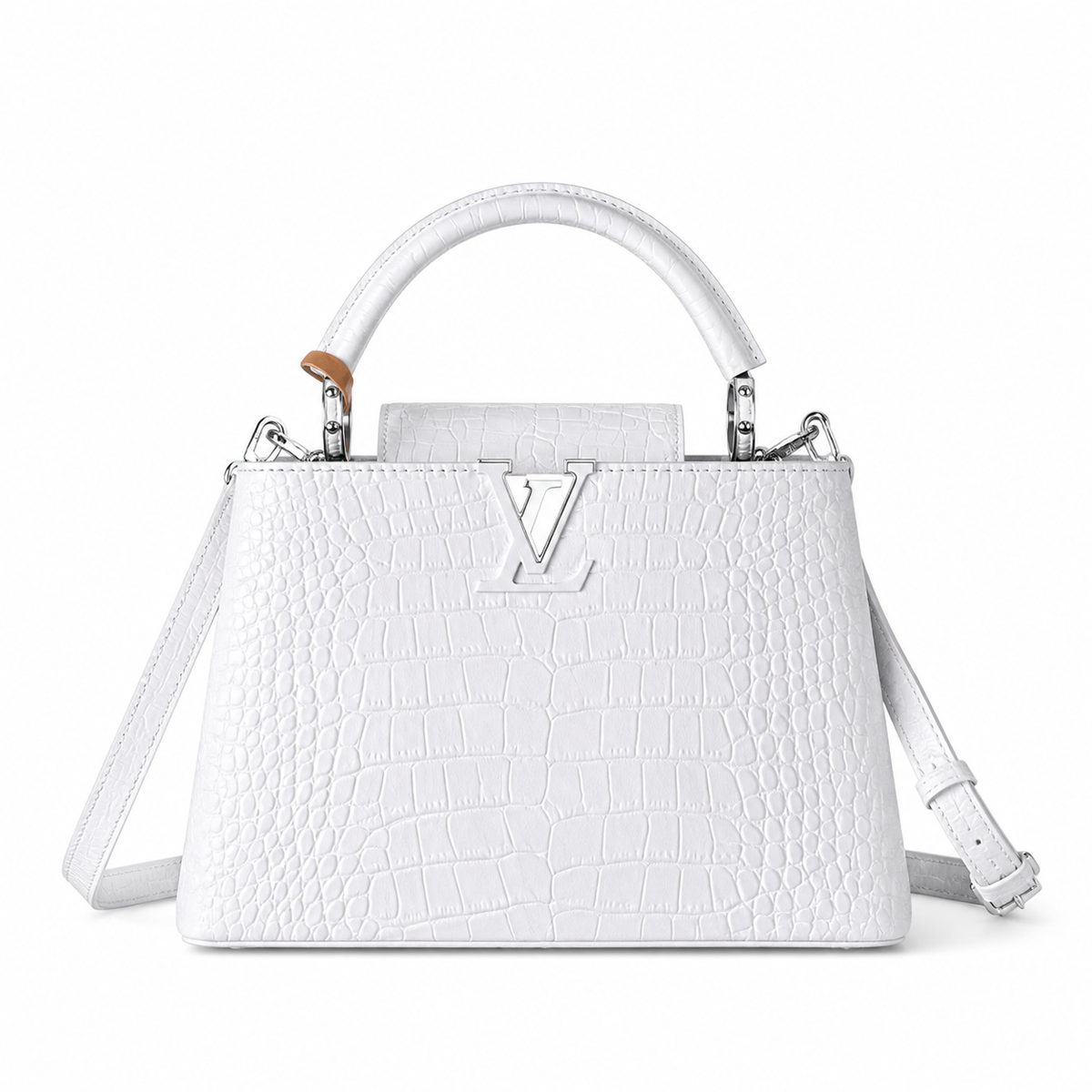 Louis Vuitton Capucines BB White Crocodile Embossed Leather with Silver LV Clasp and Crossbody Strap