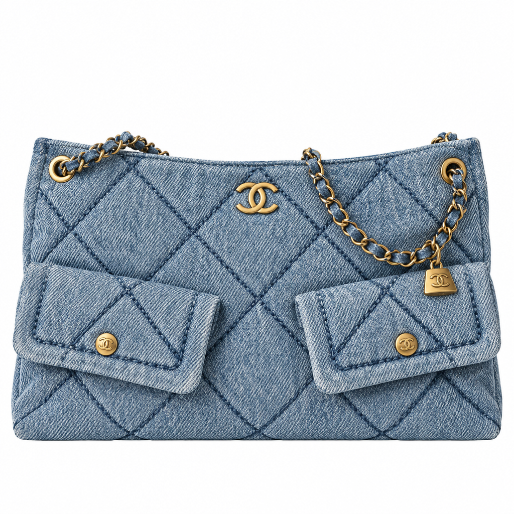 Chanel Quilted Denim Large Shopping Bag Blue 25.5×38×10.5cm