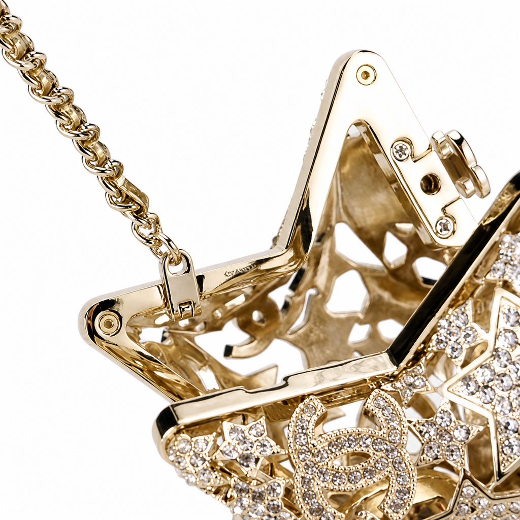 Chanel CC Pavé Crystal Star Minaudiere | Gold Filigree & Chain — 13cm