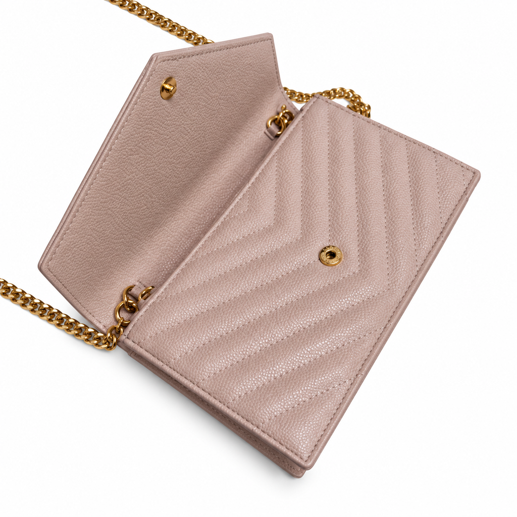 YSL Saint Laurent Envelope Chain Wallet in Powder Pink Matelassé Leather