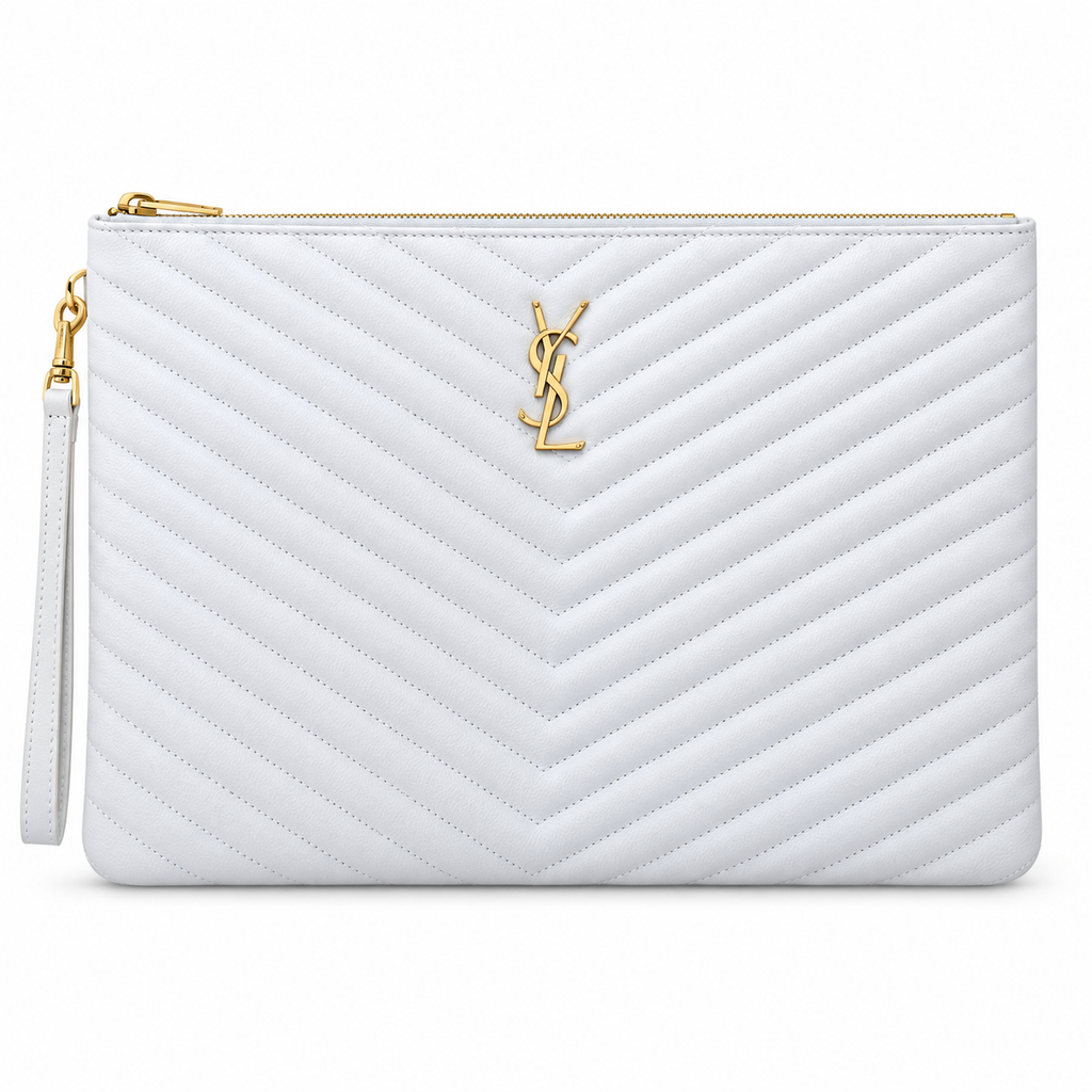 Saint Laurent YSL Cassandre Clutch in White Blanc Ivory Quilted Lambskin Leather with Shiny Gold YSL Monogram Chevron Quilting Gold Zip Top and Leather Wrist Strap